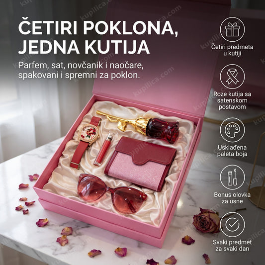 roze poklon set za žene 4u1 sa satom, parfemom, novčanikom i naočarima