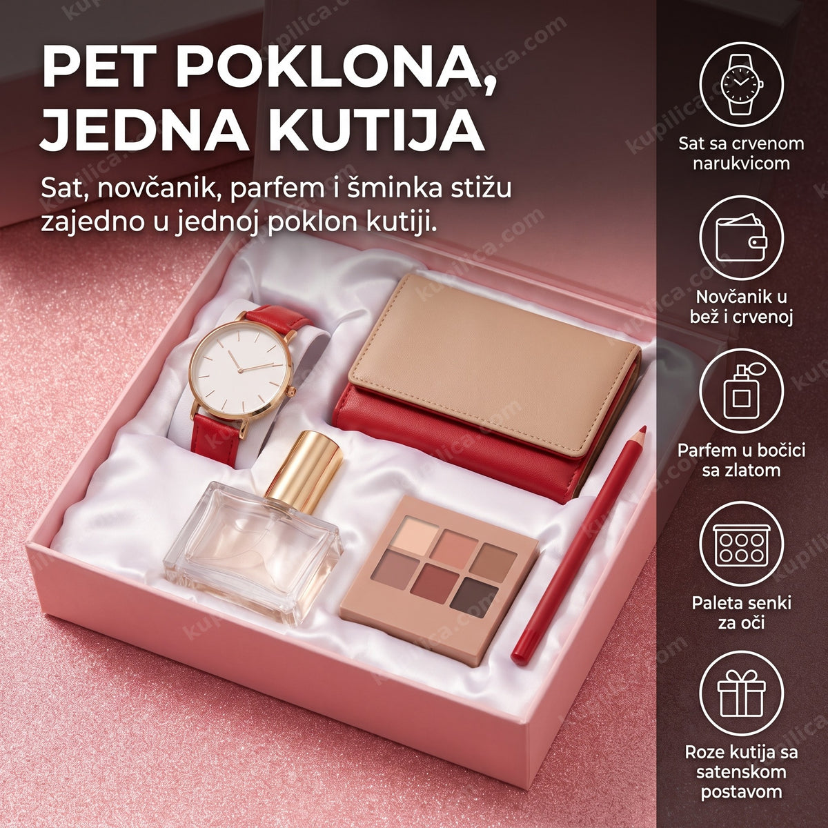 roze poklon set za žene sa satom novčanikom parfemom i šminkom u otvorenoj kutiji