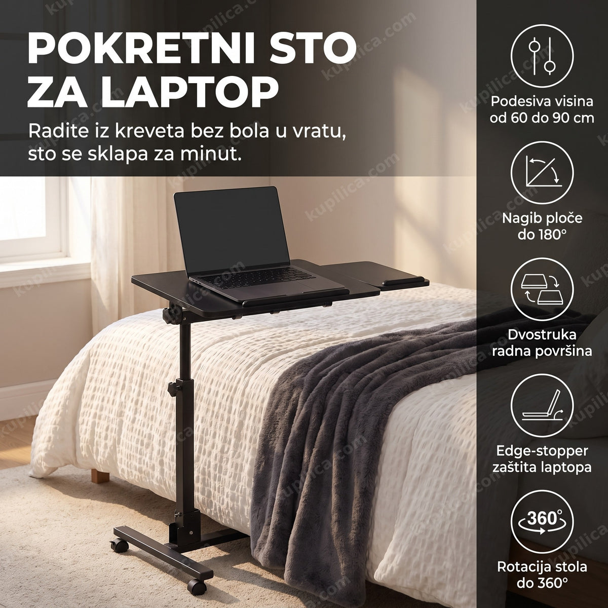 pokretni sto za laptop pored kreveta sa ugašenim ekranom, benefiti proizvoda