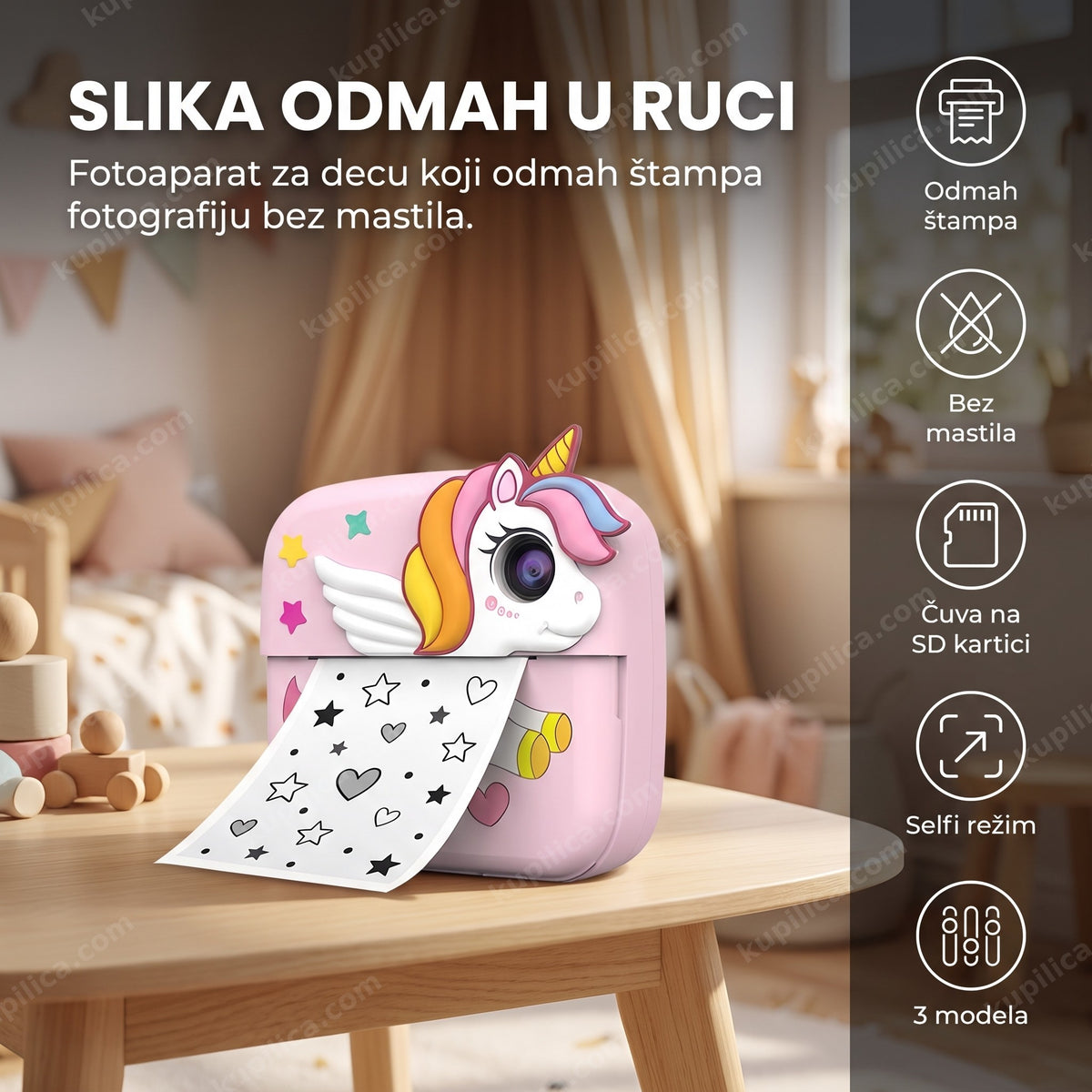 polaroid fotoaparat za decu sa termalnom štampom na stolu, benefiti proizvoda