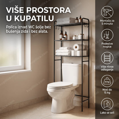 polica za iznad wc šolje, crna metalna polica sa tri nivoa i ikonama prednosti
