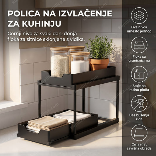 crna polica za kuhinju na izvlačenje sa fiokom na radnoj površini pored šporeta