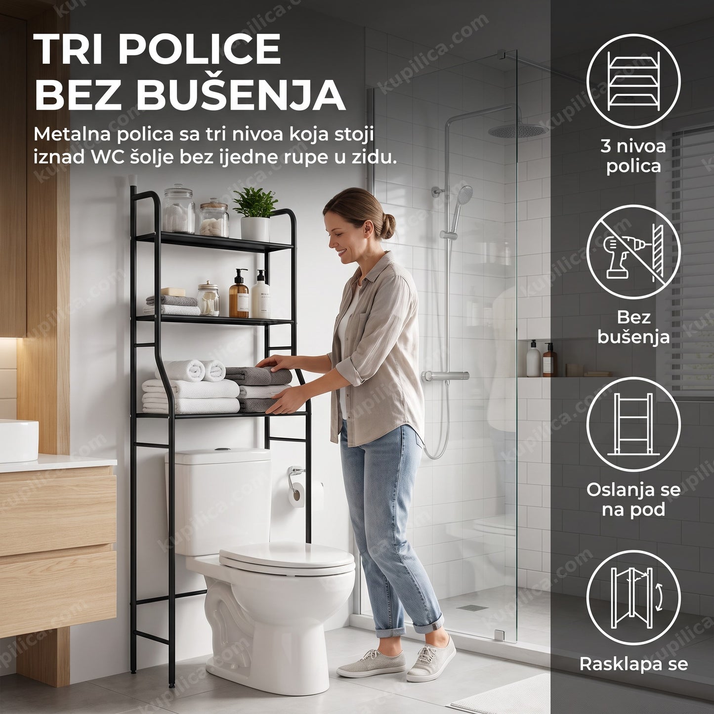 Polica za kupatilo iznad WC šolje sa tri nivoa, bez bušenja zida