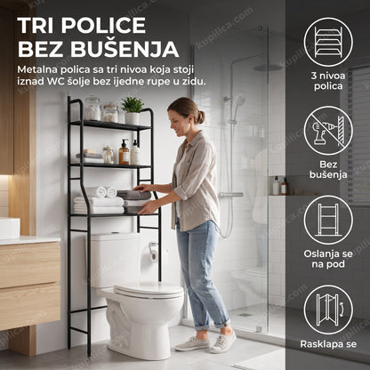 Polica za kupatilo iznad WC šolje sa tri nivoa, bez bušenja zida