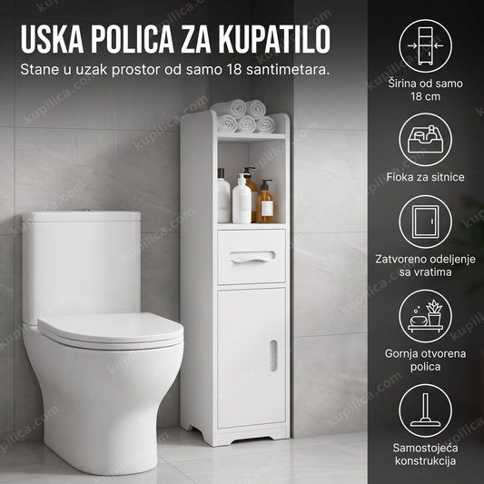 Uska bela polica za kupatilo pored wc šolje sa peškirima, benefiti proizvoda
