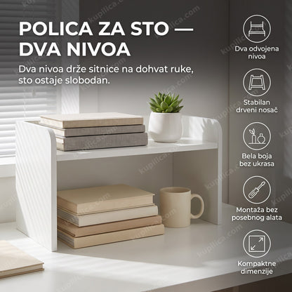 Bela polica za sto sa dva nivoa, knjigama i biljkom na radnom stolu, benefiti proizvoda