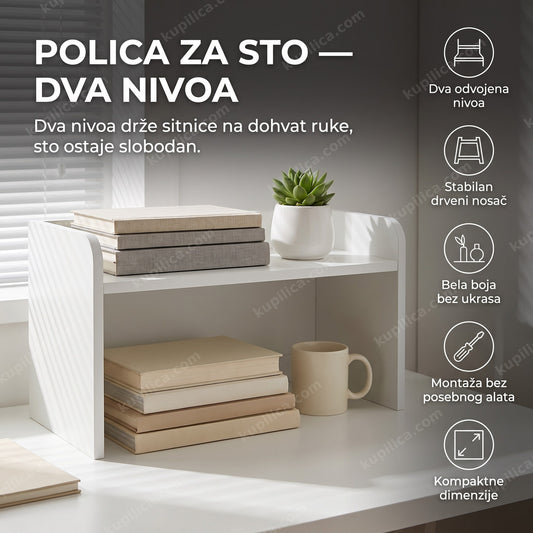 Bela polica za sto sa dva nivoa, knjigama i biljkom na radnom stolu, benefiti proizvoda