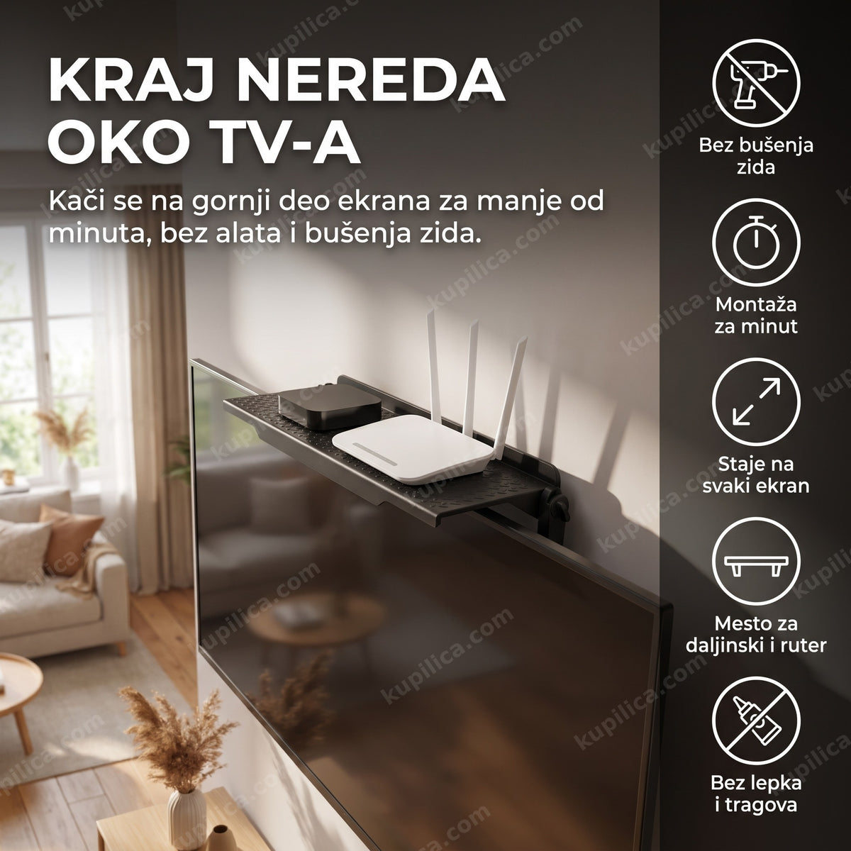 polica za tv bez bušenja sa ruterom i daljinskim na vrhu ekrana