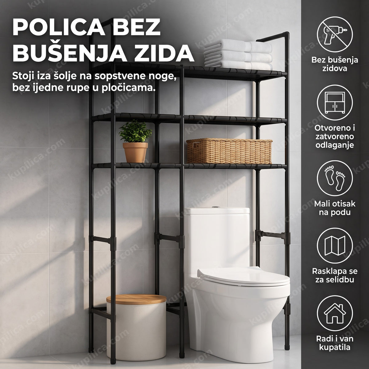 crna samostojeća polica za wc šolju sa otvorenim policama u kupatilu