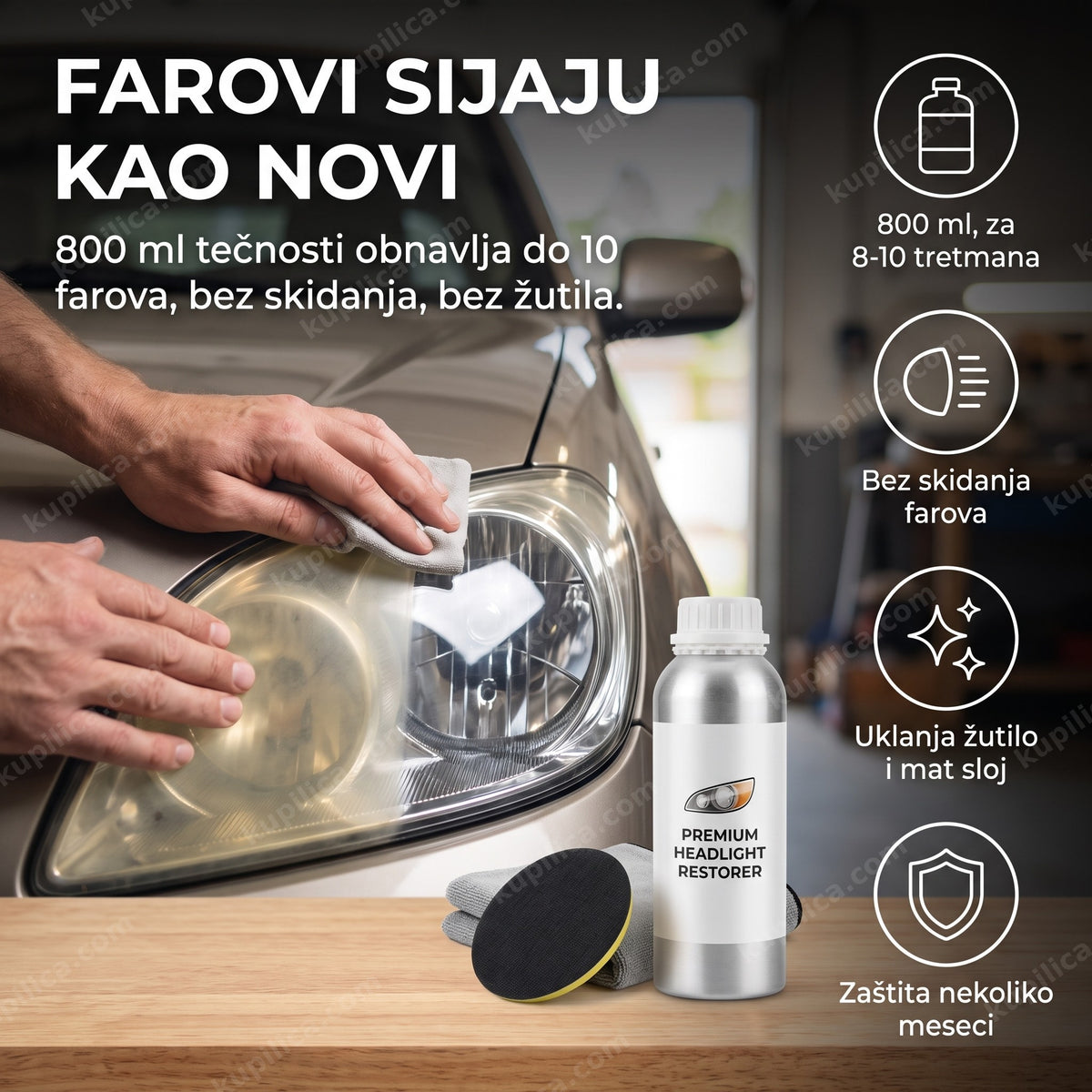 veliki set za polimerizaciju farova primenjen na automobilskom faru u garaži — benefiti proizvoda