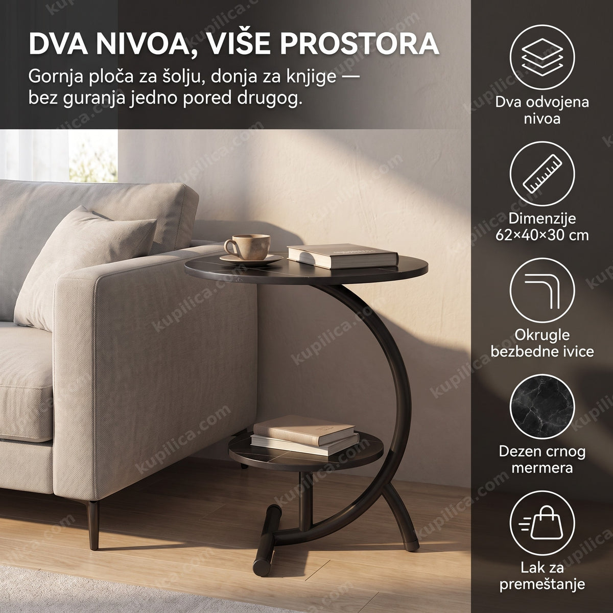 crni pomoćni stočić sa dva okrugla nivoa pored kauča u dnevnoj sobi