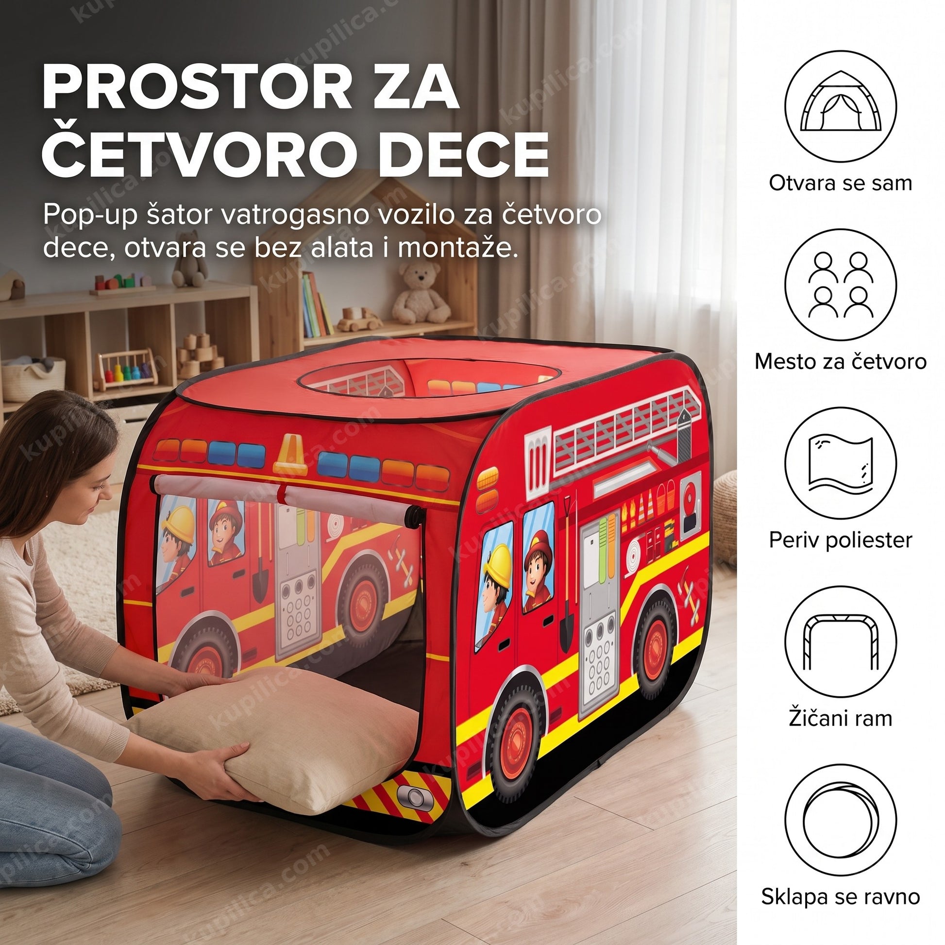 Pop-up dečiji šator vatrogasno vozilo za četvoro dece u dečijoj sobi