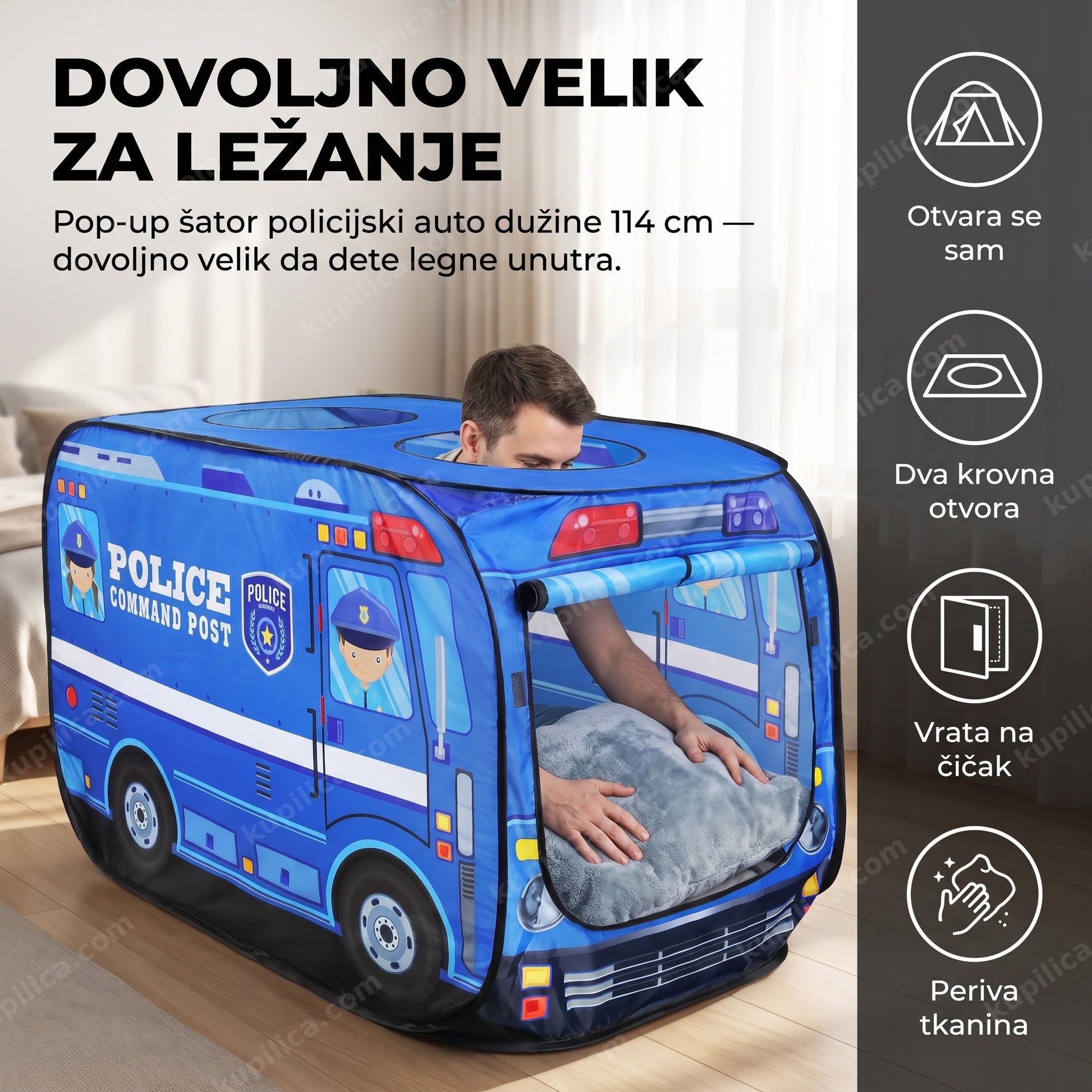 Pop-up šator za decu policijski auto, 114 cm, u dečijoj sobi