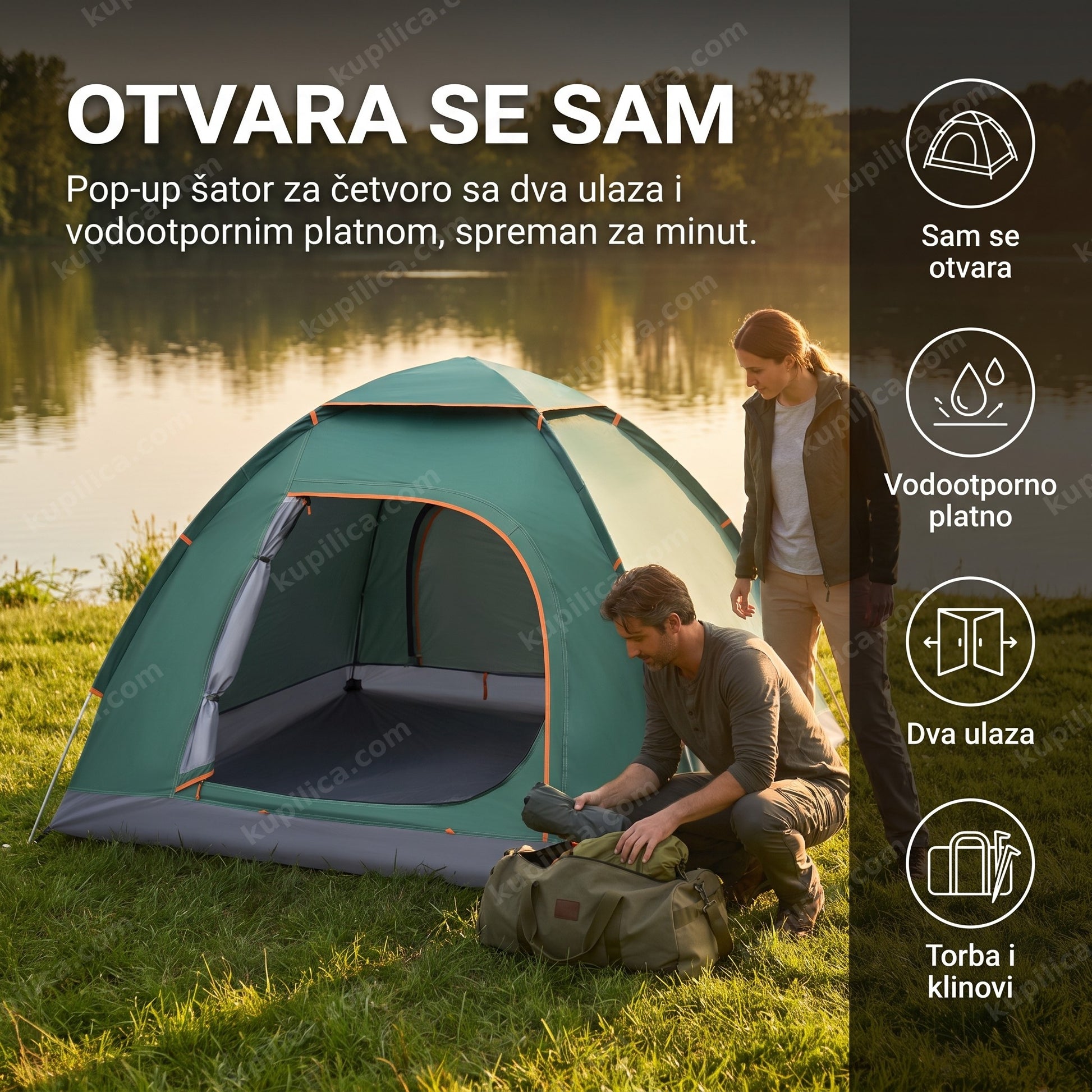 Pop up šator za 4 osobe 200x200x135 cm postavljen na livadi