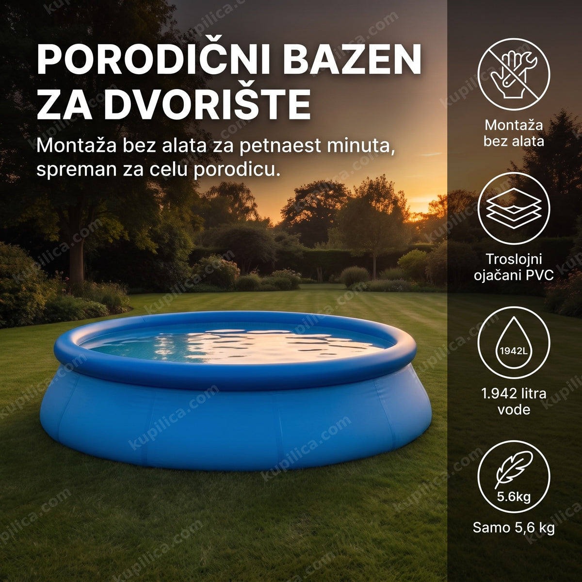 Plavi porodični bazen za dvorište u velikom dvorištu u sumrak