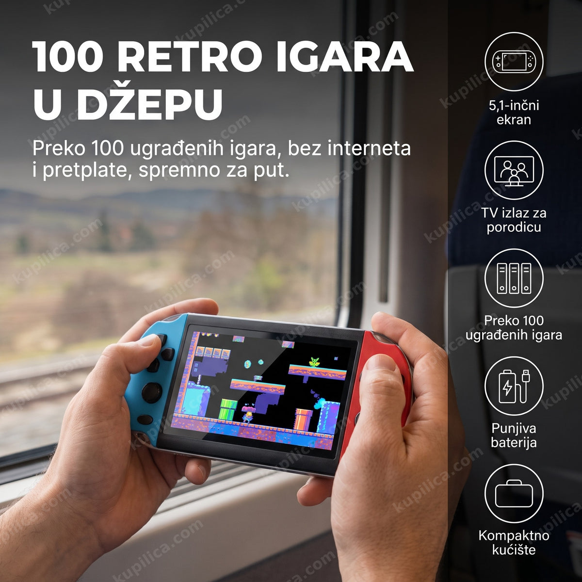 Odrasla osoba drži portabl konzolu sa retro igrama u vozu tokom putovanja