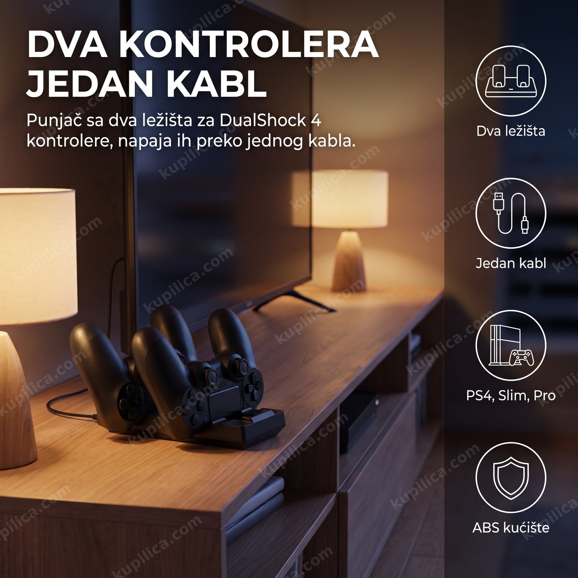 Postolje za punjenje PS4 kontrolera sa dva ležišta pored televizora