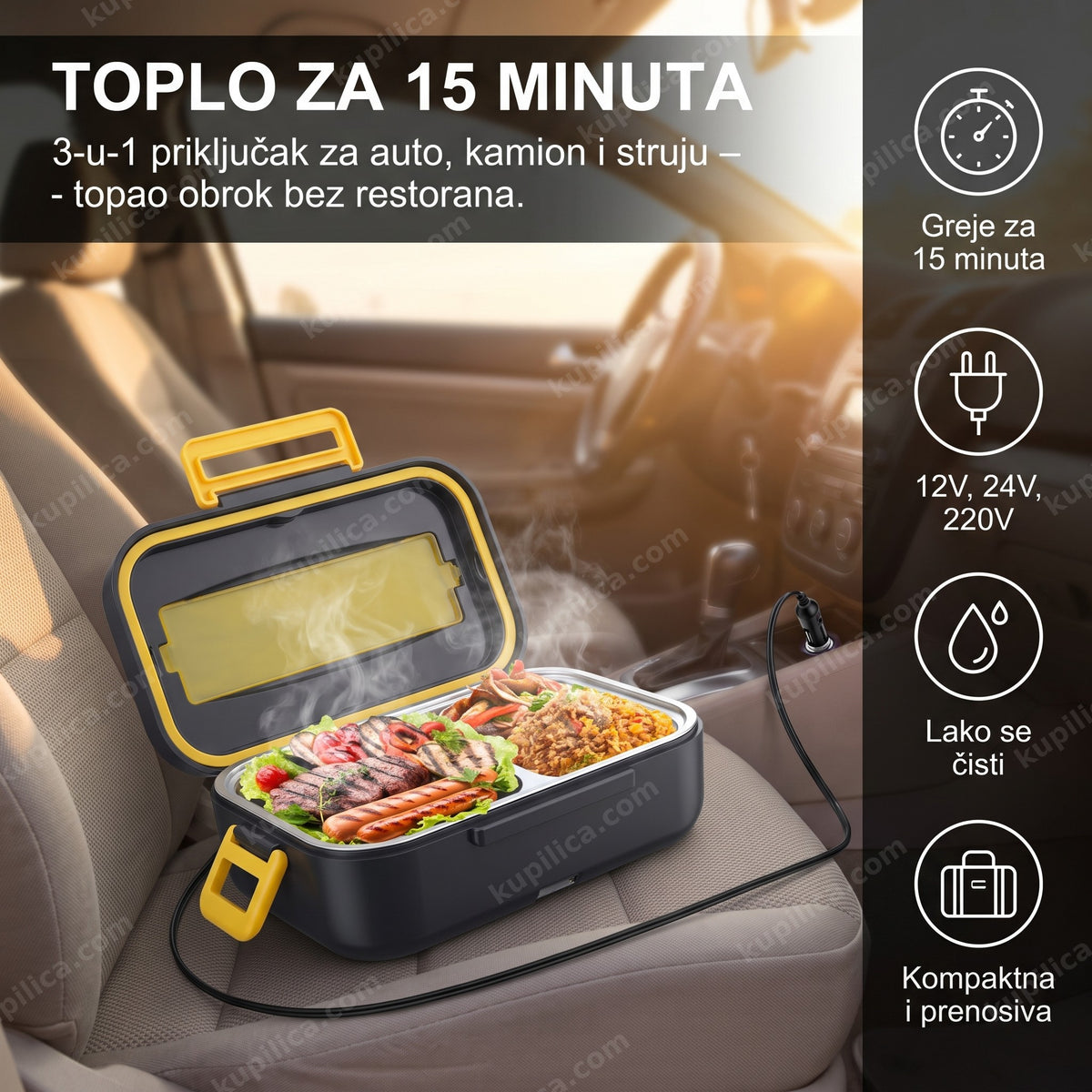 posuda za grejanje hrane — Lunch Hot Box PRO otvorena u autu sa toplim obrokom