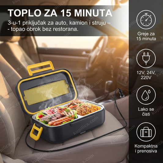 posuda za grejanje hrane — Lunch Hot Box PRO otvorena u autu sa toplim obrokom