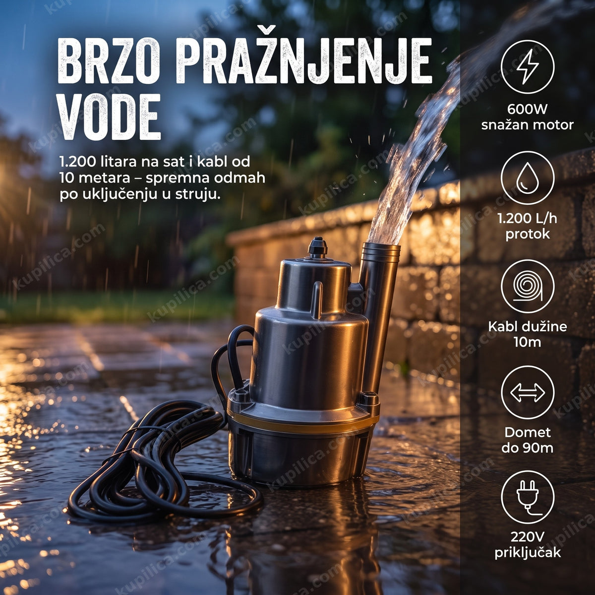 potapajuća pumpa za vodu 600w uronjena u vodu sa mlazom iz creva