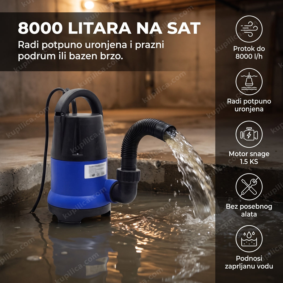 plavo-crna potapajuća pumpa za vodu uronjena u poplavljeni podrum, benefiti proizvoda