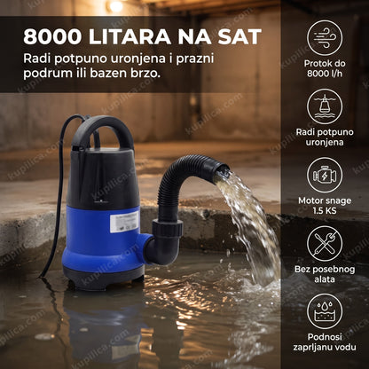 plavo-crna potapajuća pumpa za vodu uronjena u poplavljeni podrum, benefiti proizvoda