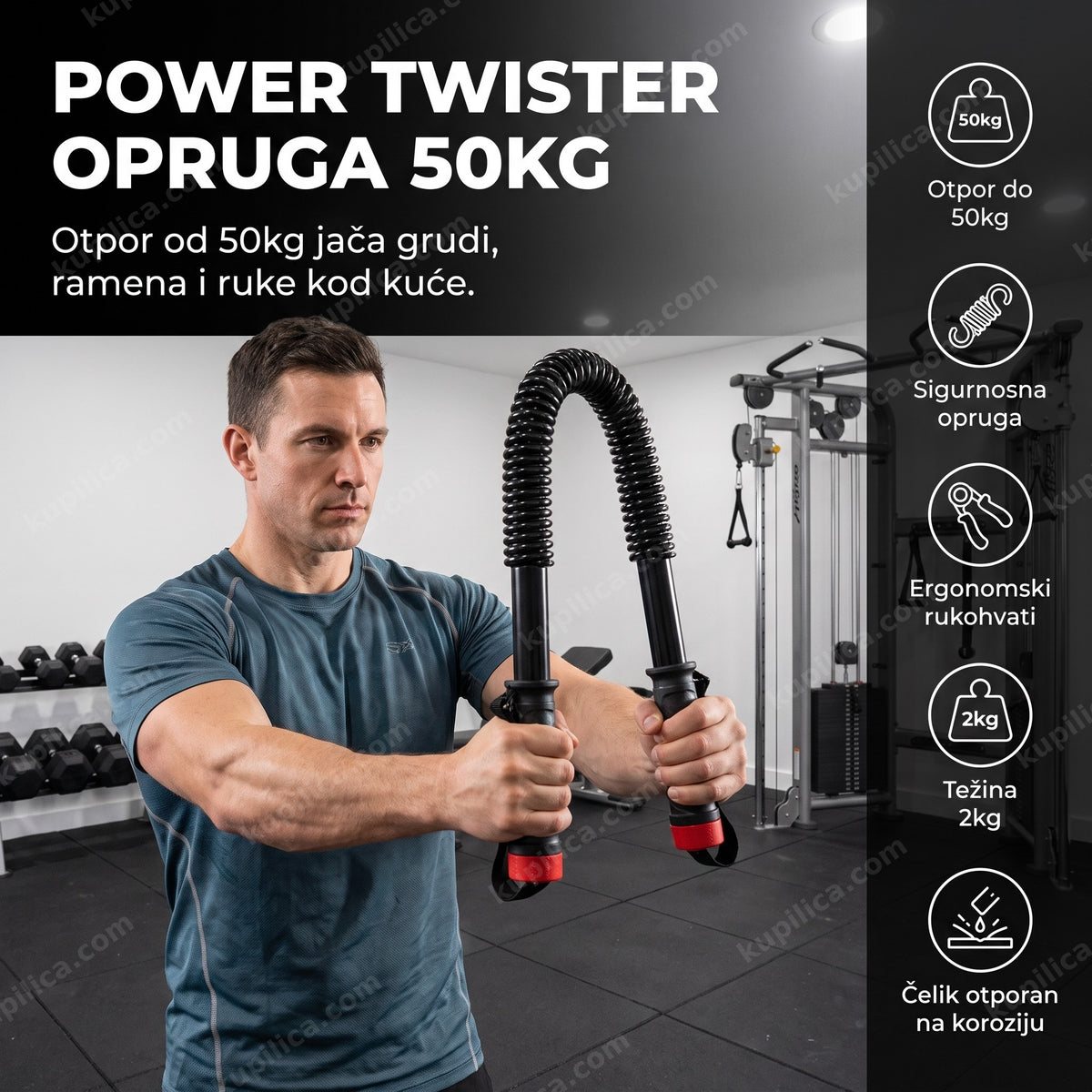 Muškarac savija power twister oprugu za trening grudi u teretani