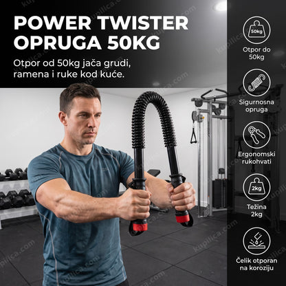 Muškarac savija power twister oprugu za trening grudi u teretani