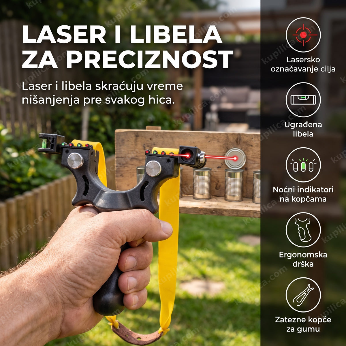 praćka sa laserom gađa mete od limenki u dvorištu, benefiti proizvoda