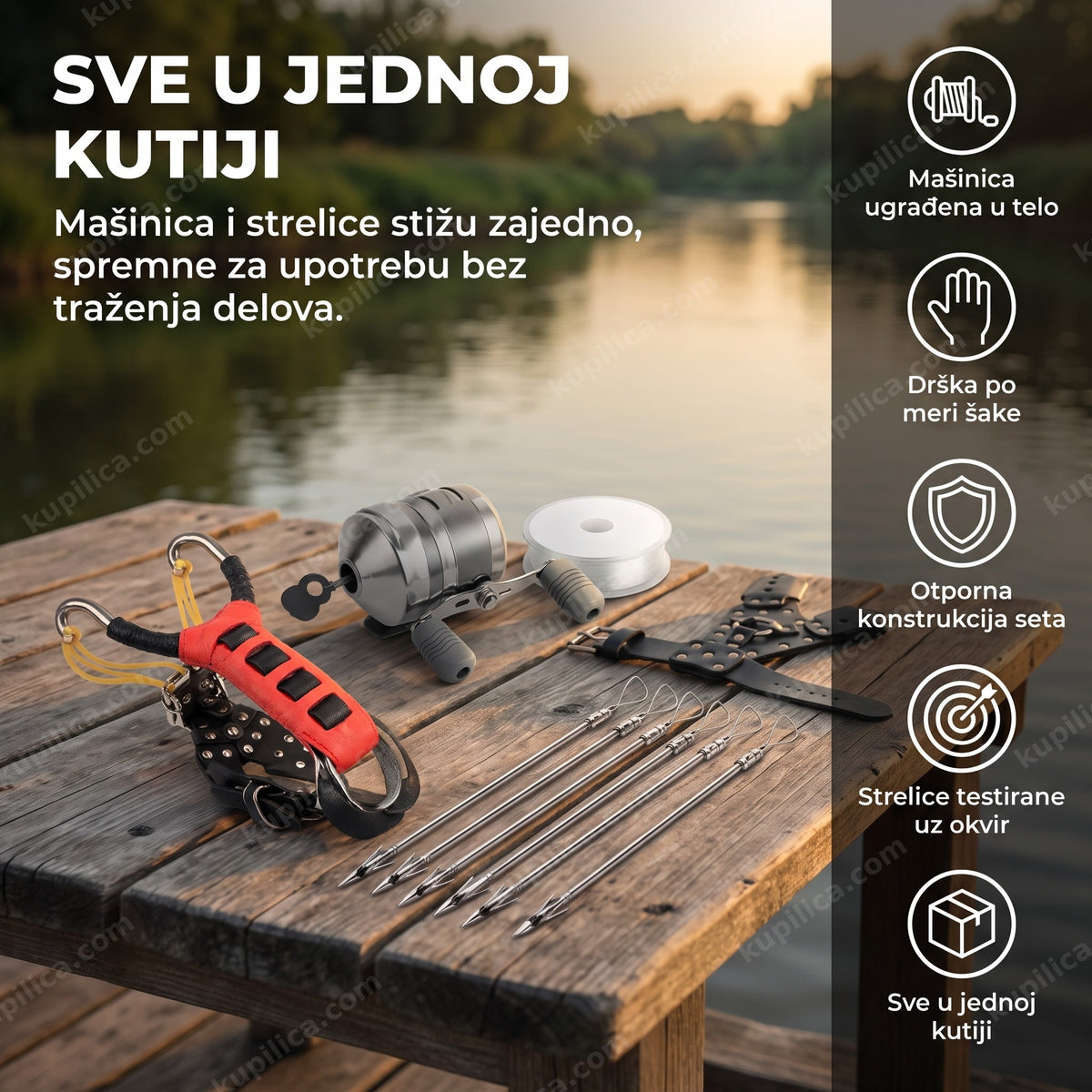 praćka za pecanje sa mašinicom i strelicama položena na drvenoj podlozi