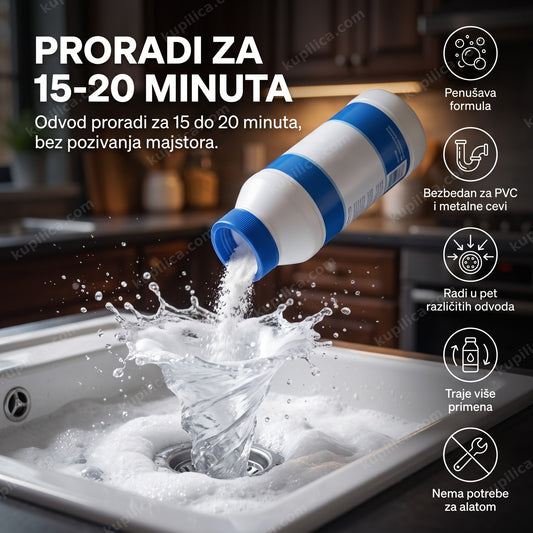 prah za otčepljenje odvoda sipa se u sudoperu sa vrtlogom vode i penom, benefiti proizvoda