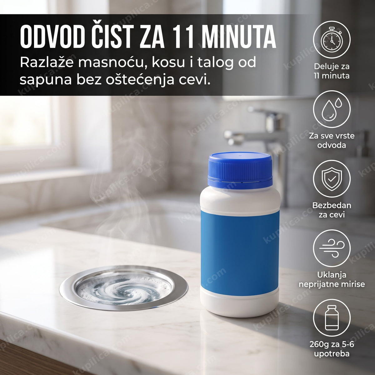 prah za otpušavanje odvoda — bočica pored odvoda lavaboa sa parom