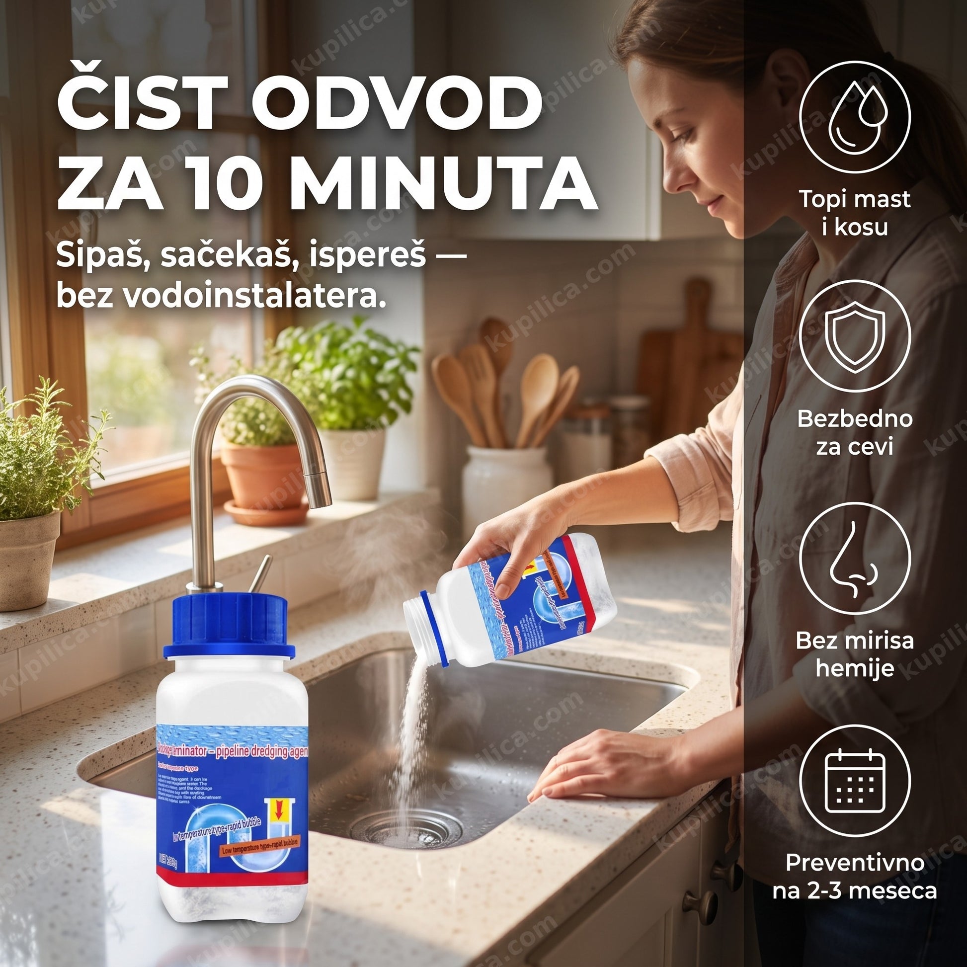 prah za otpušavanje odvoda — upotreba u sudoperi, benefiti proizvoda