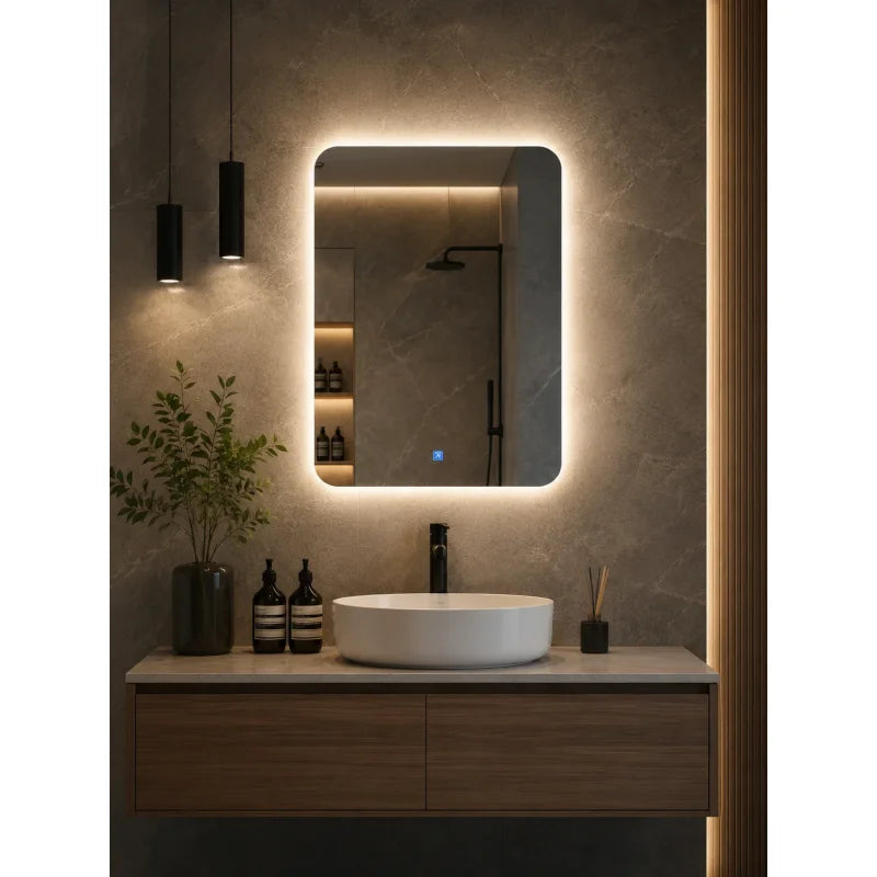 led ogledalo za kupatilo 50x70 sa pozadinskim osvetljenjem iznad umivaonika