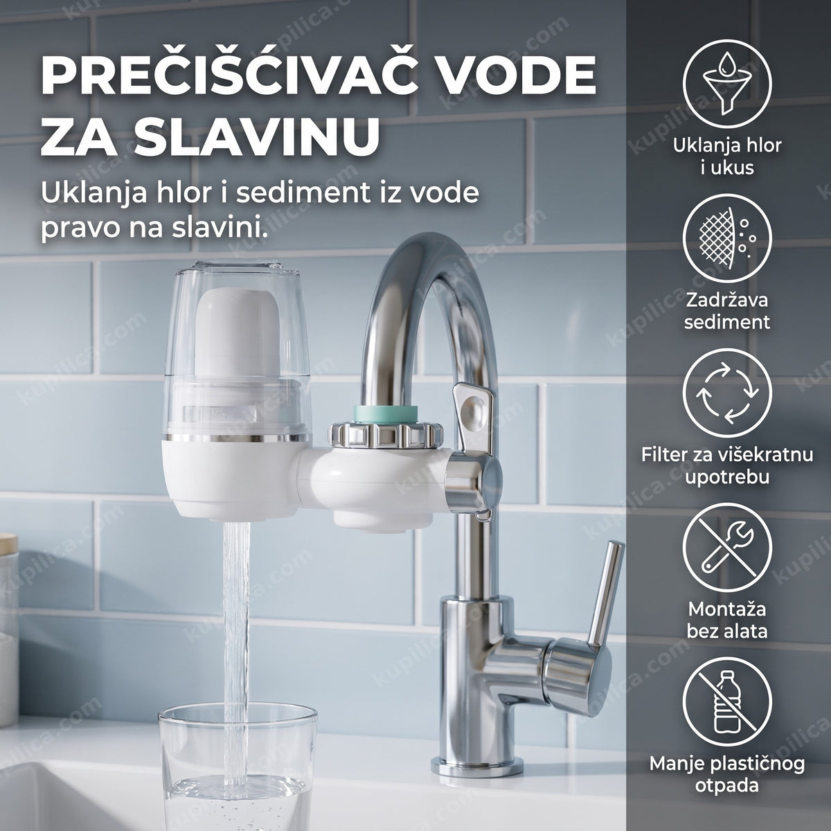 Prečišćivač vode za slavinu filtrira čist mlaz vode u čašu