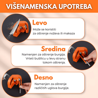 tri načina upotrebe: oštrenje noža, burgije i makaza