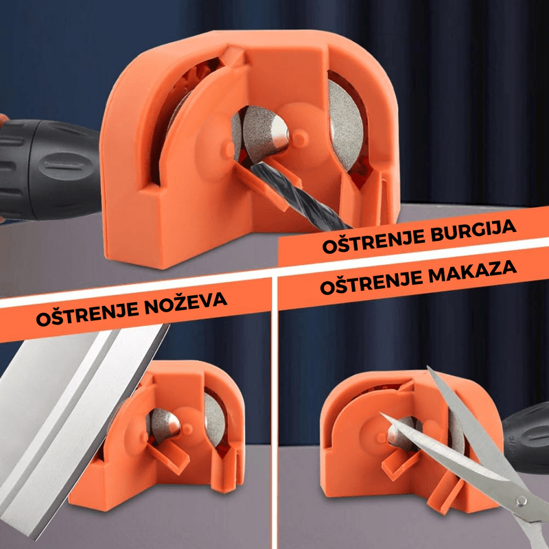 oštrač na bušilici sa oznakama za burgije, noževe i makaze