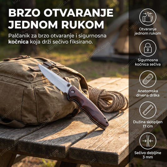 otvoreni preklopni nož sa drvenom drškom na platnenoj torbi napolju