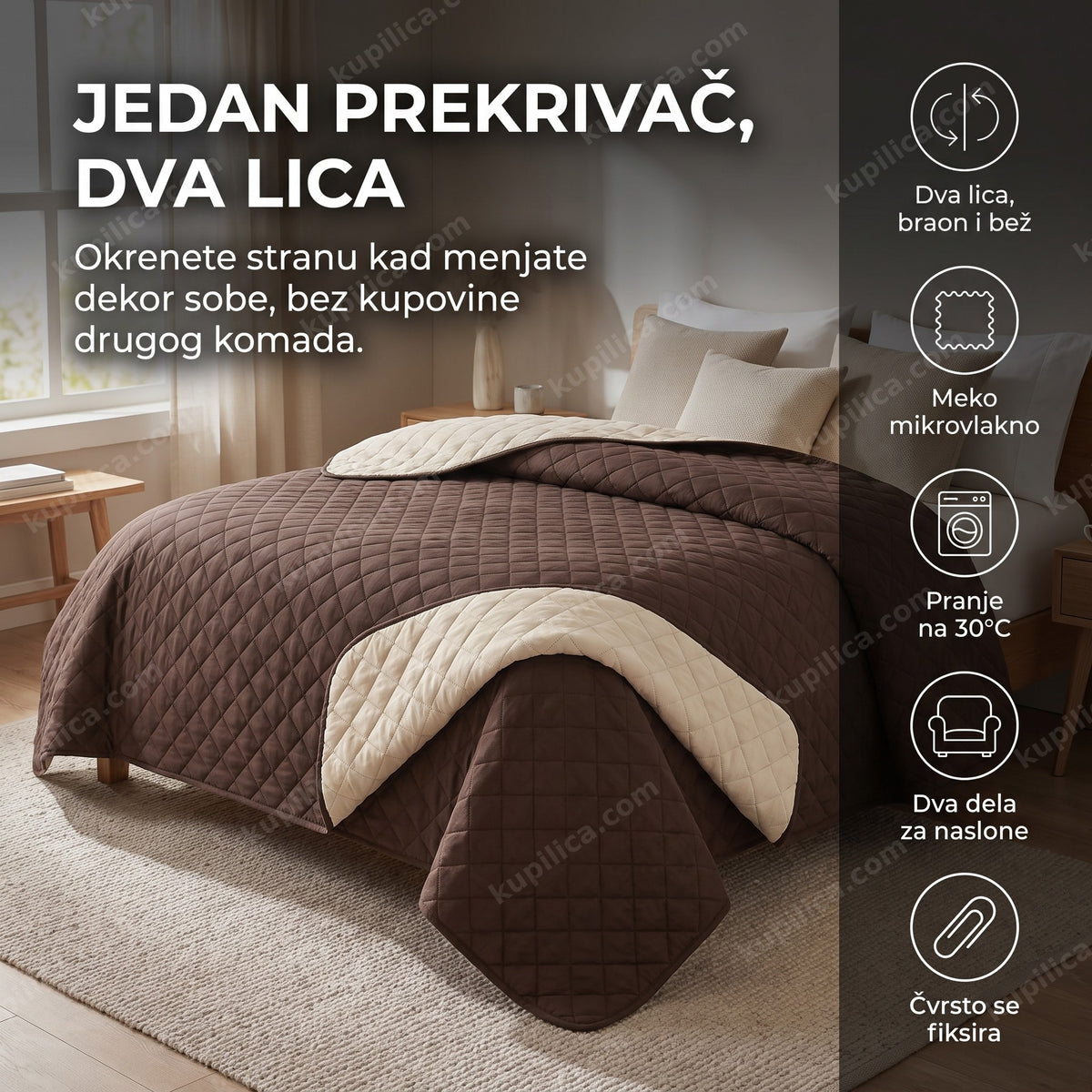 Prekrivač za krevet sa dva lica presavijen da se vide obe boje - benefiti proizvoda