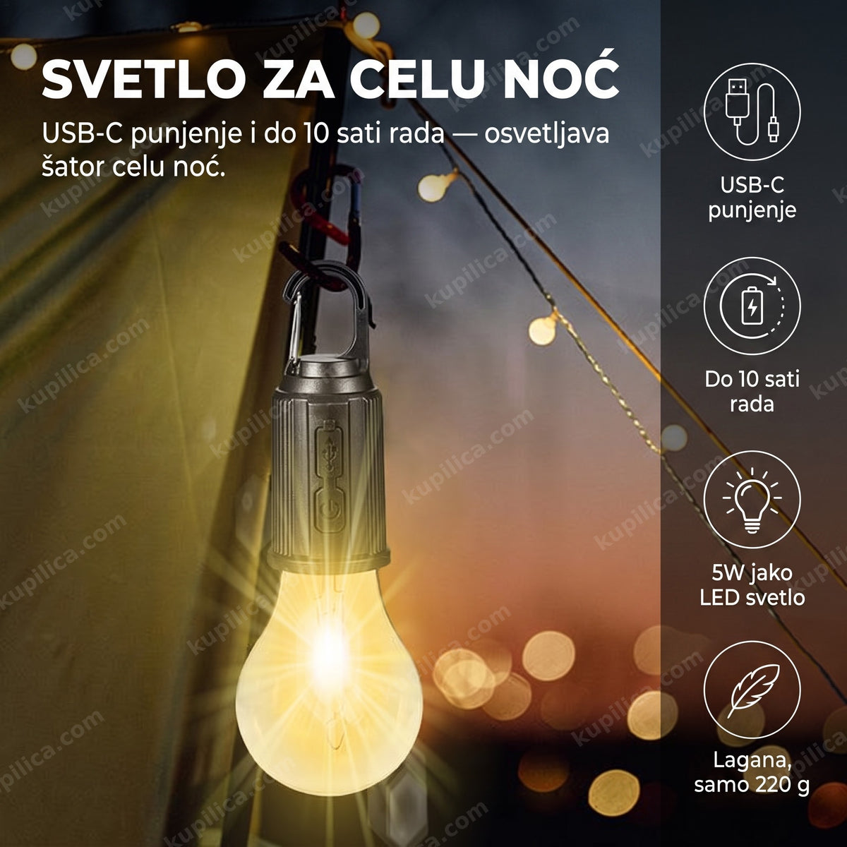 prenosiva led lampa za kampovanje okačena na šator u sumrak sa toplim svetlom — benefiti proizvoda