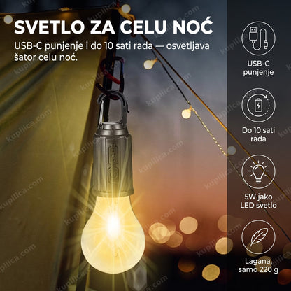prenosiva led lampa za kampovanje okačena na šator u sumrak sa toplim svetlom — benefiti proizvoda