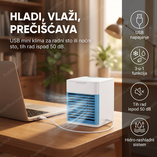 prenosiva mini klima na radnom stolu pored laptopa, benefiti proizvoda
