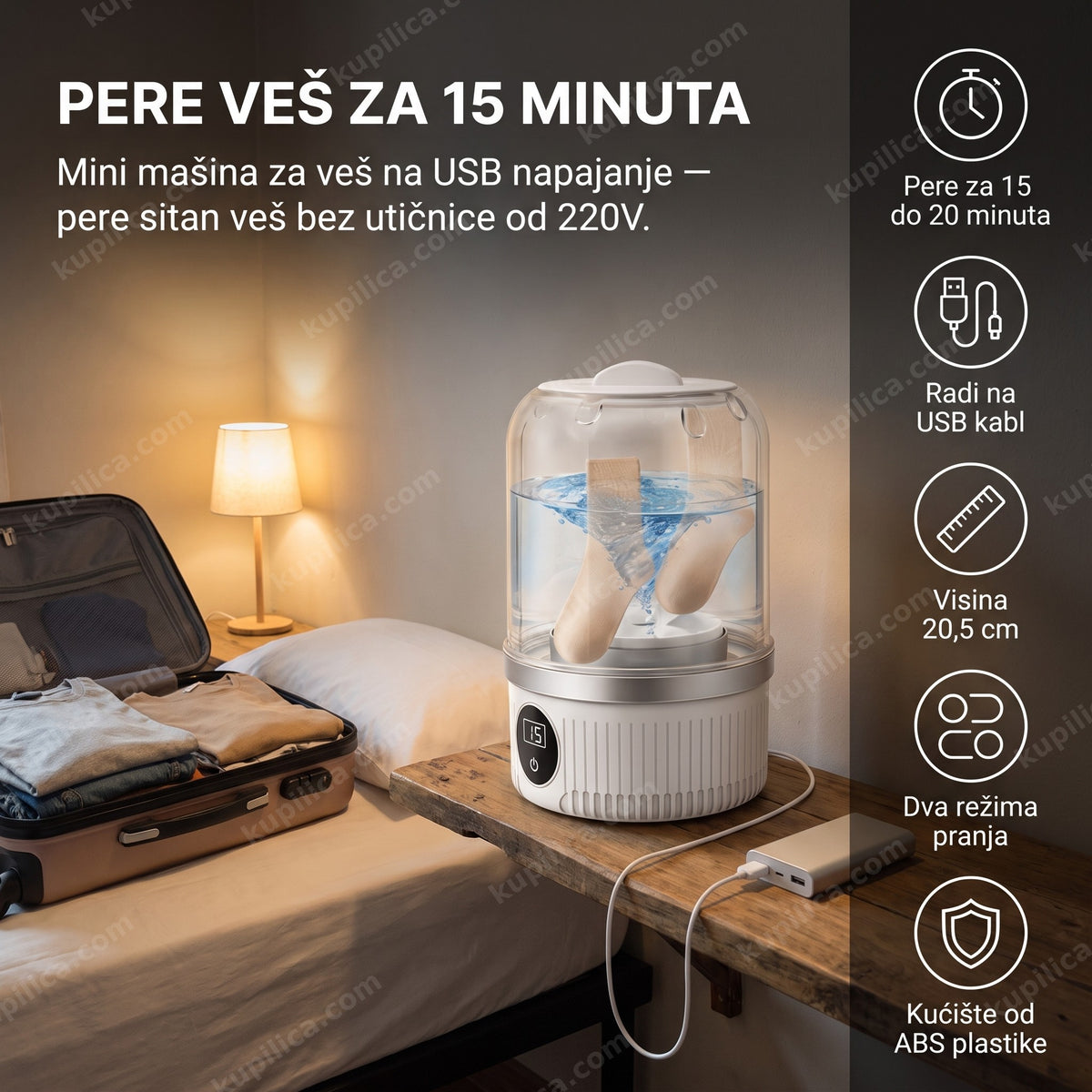 prenosiva mini mašina za veš sa čarapama u hostelskoj sobi na putovanju, benefiti proizvoda