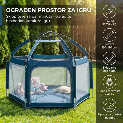 prazna prenosiva ogradica za decu, šator za igru u teget boji na travi