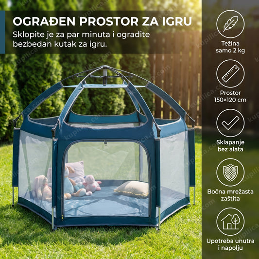 prazna prenosiva ogradica za decu, šator za igru u teget boji na travi