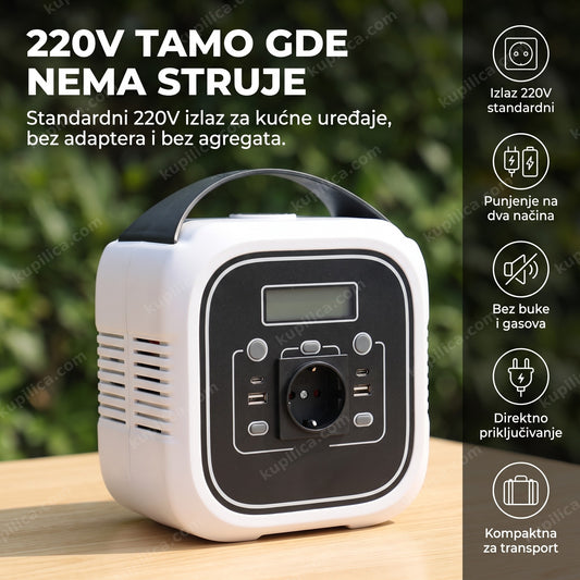 bela prenosiva stanica napajanja sa 220V utičnicom i USB portovima na stolu