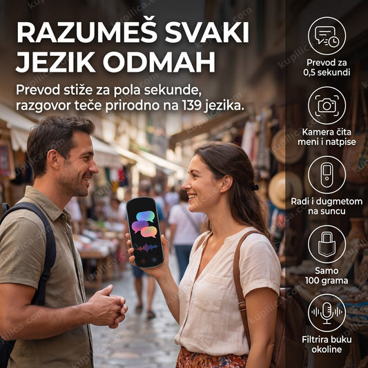 dve osobe razgovaraju uz prenosivi ai prevodilac sa ekranom bez teksta, benefiti proizvoda