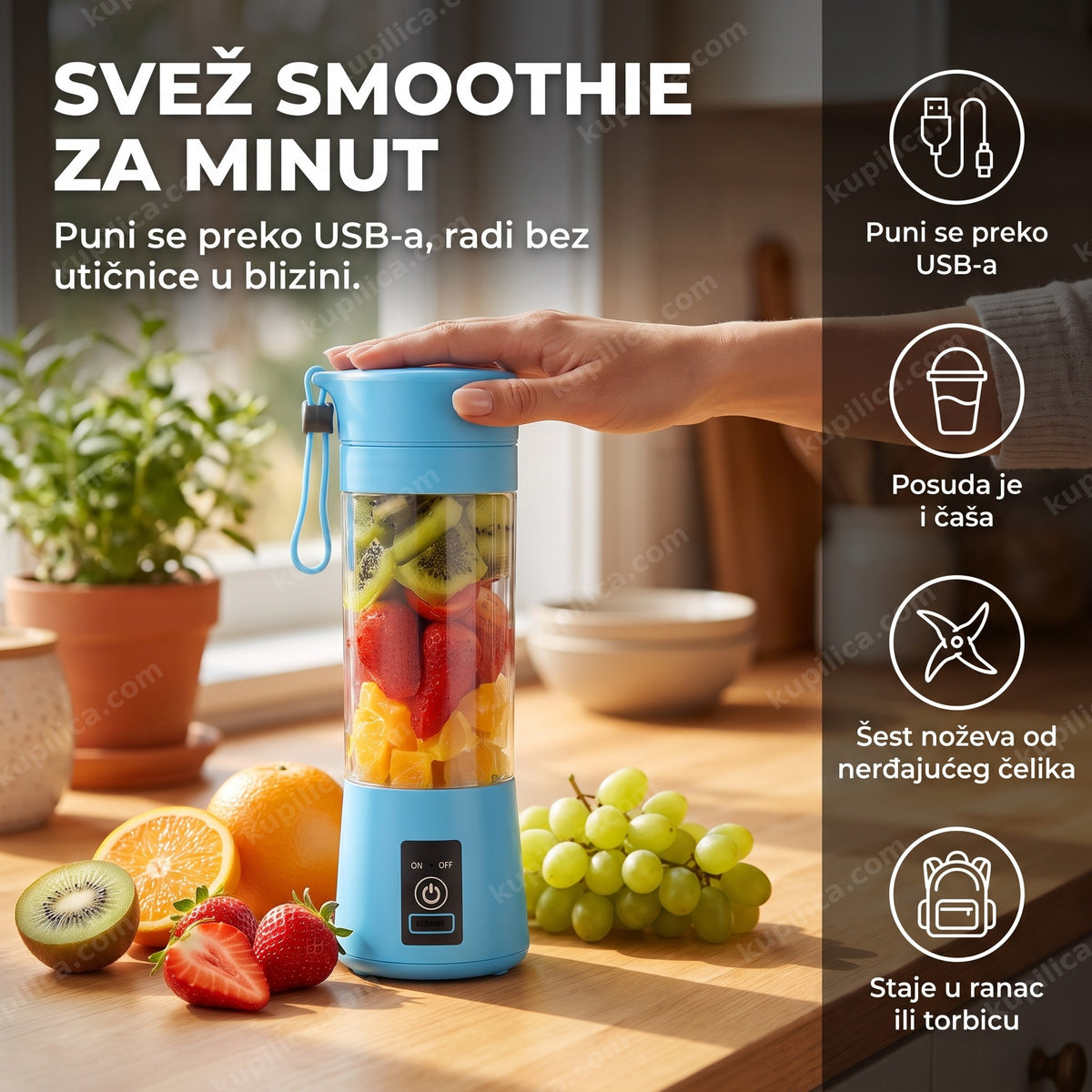 prenosivi blender - plavi BlendGo blender sa voćem na kuhinjskom stolu, benefiti proizvoda