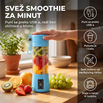 prenosivi blender - plavi BlendGo blender sa voćem na kuhinjskom stolu, benefiti proizvoda