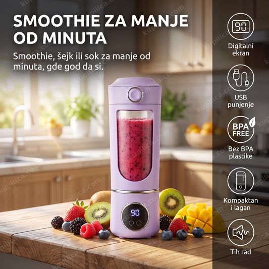 Prenosivi blender sa digitalnim ekranom i voćem u kuhinji, benefiti proizvoda